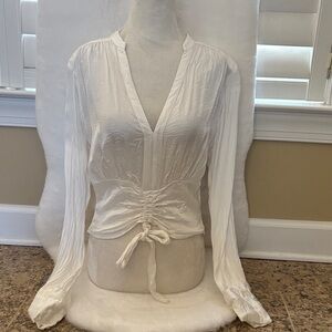 Anthropologie White Long-Sleeve V-Neck Ruched Tie-Waist Blouse